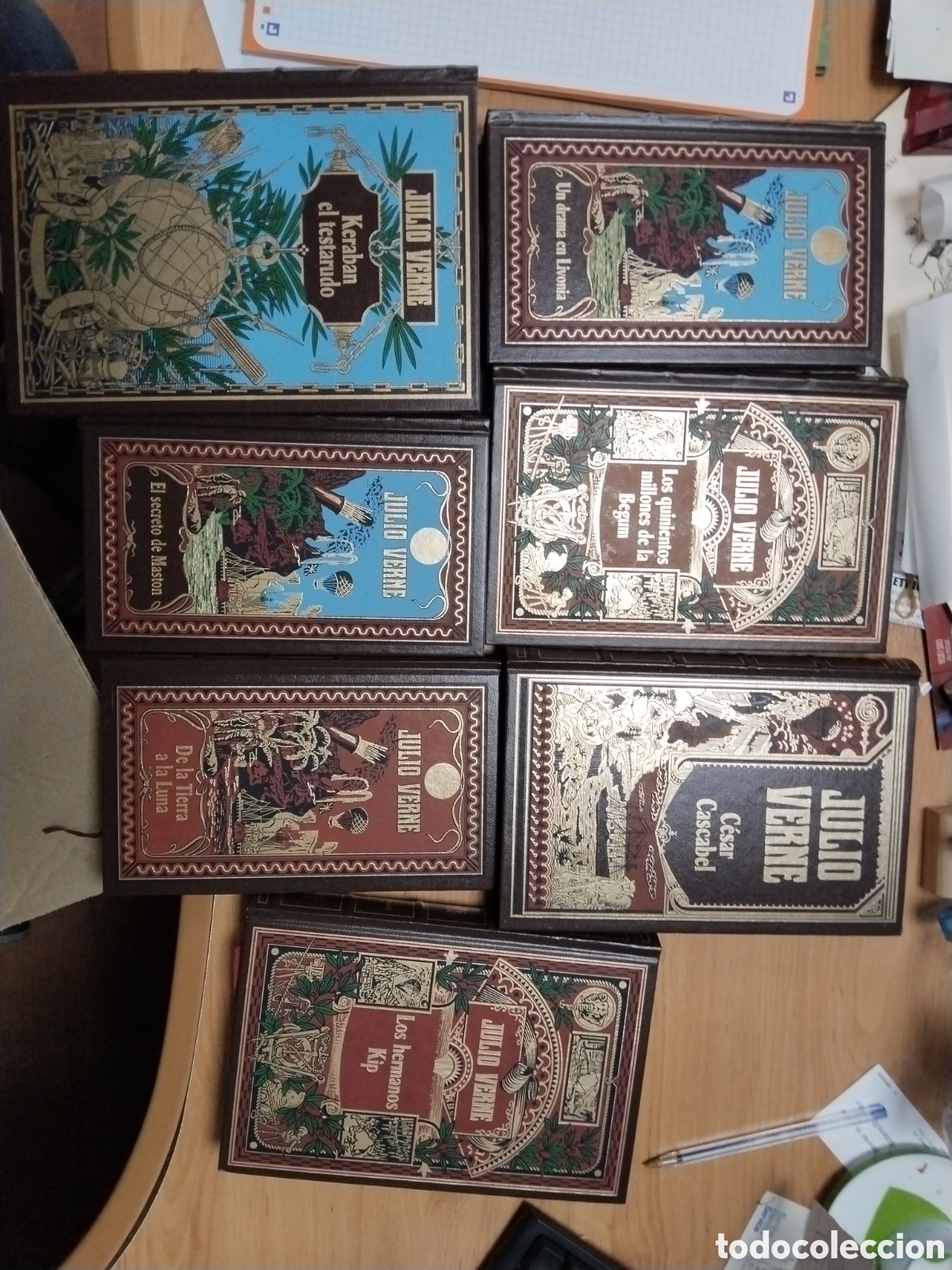 Libros: Lote de Julio Verne siete libros de pasta dura edici&oacute;n marr&oacute;n