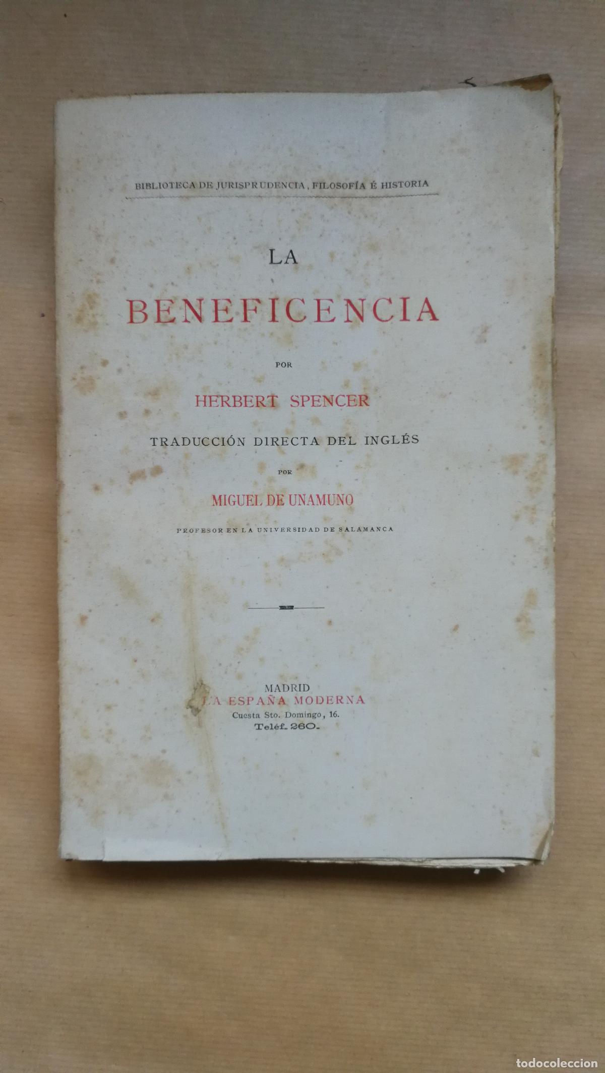 Livres: La Beneficencia. - HERBERT SPENCER / MIGUEL DE UNAMUNO (traductor).