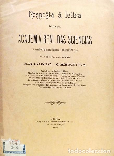 Livros em segunda m&atilde;o: CABREIRA. (Antonio) - RESPOSTA &Aacute; LETTRA DADA NAS ACADEMIA REAL DAS SCIENCIAS.
