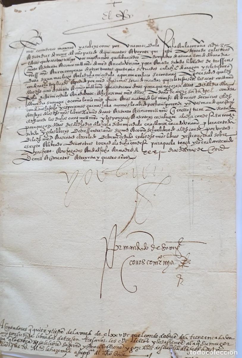 Libros: (Manuscrito) Merced de Carlos V a D. Pedro de Acu&ntilde;a, Conde Buend&iacute;a, con firma aut&oacute;grafa, por la que