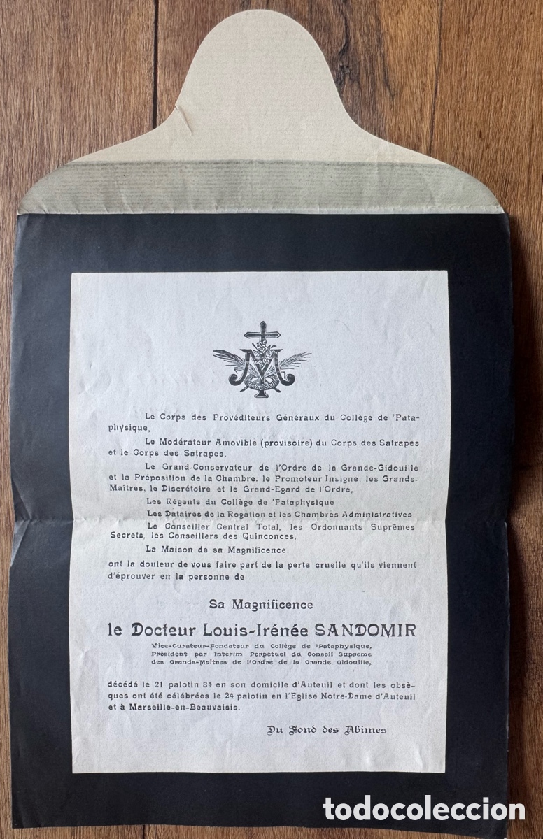 Libros: Faire-part de d&eacute;c&egrave;s de Sa Magnificence le Docteur Louis-Ir&eacute;n&eacute;e Sandomir le 21 paloteen 84-10/05/1957