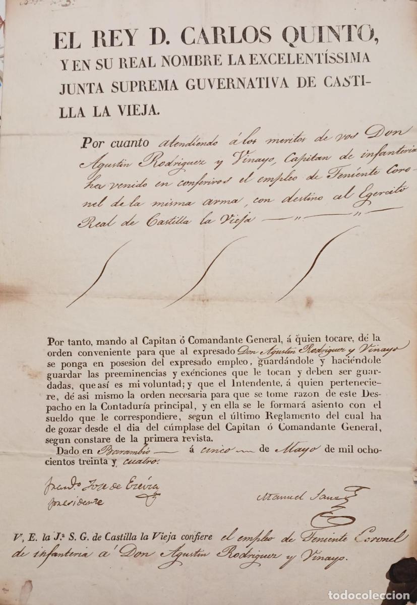 B&uuml;cher: (Manuscrito) El Rey D. Carlos Quinto y en su real nombre la Excma... nombra como teniente coronel al