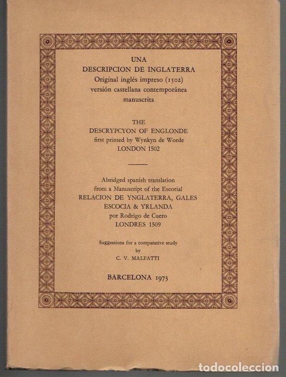 Libros: Una descripci&oacute;n de Inglaterra. Original ingl&eacute;s impreso (1502). The descrypcyon of Englonde - Cuero,
