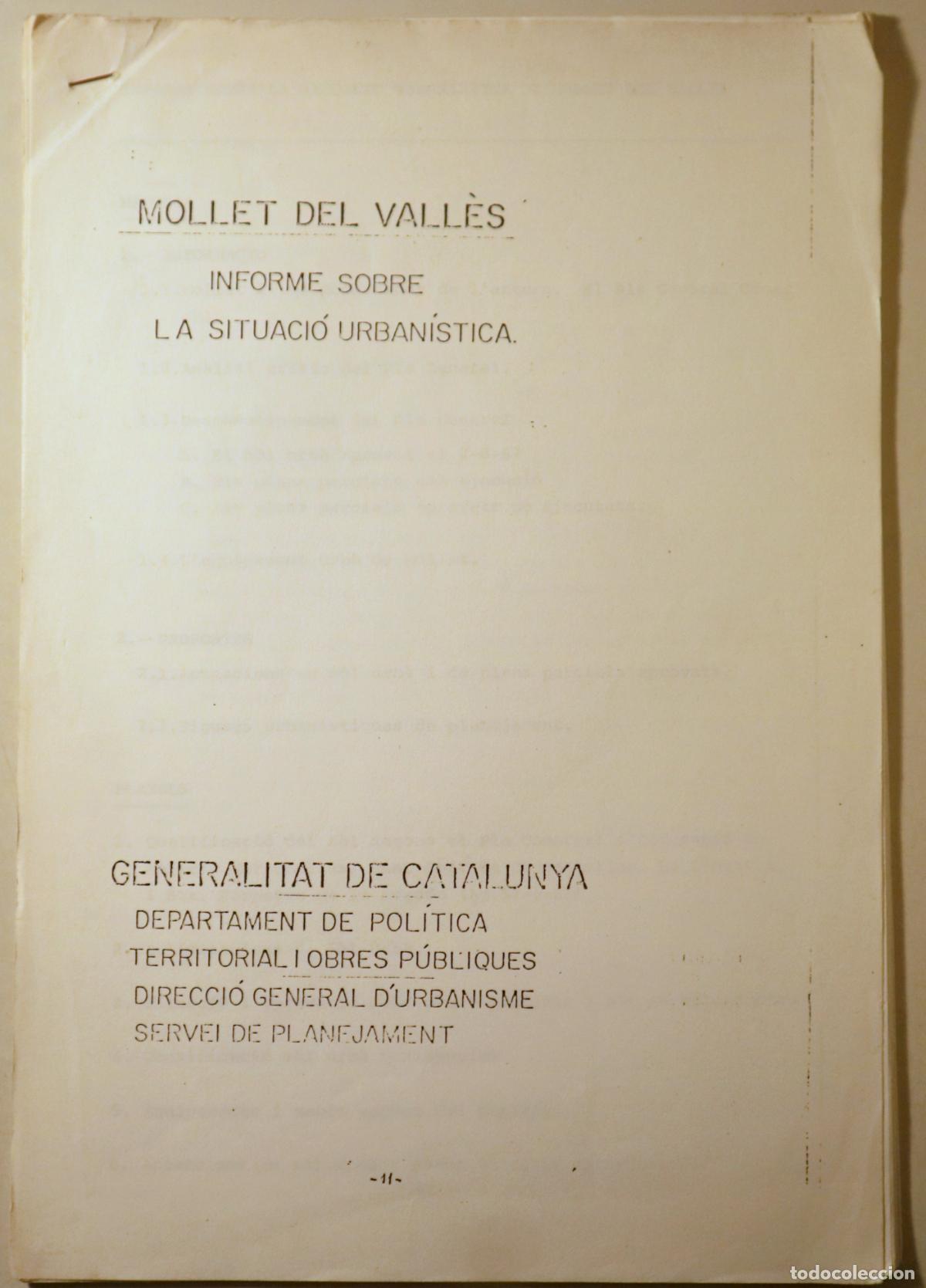 Libri di seconda mano: MOLLET DEL VALL&Egrave;S. INFORME SOBRE LA SITUACI&Oacute; URBAN&Iacute;STICA - Fulls ciclostilats c. 1980