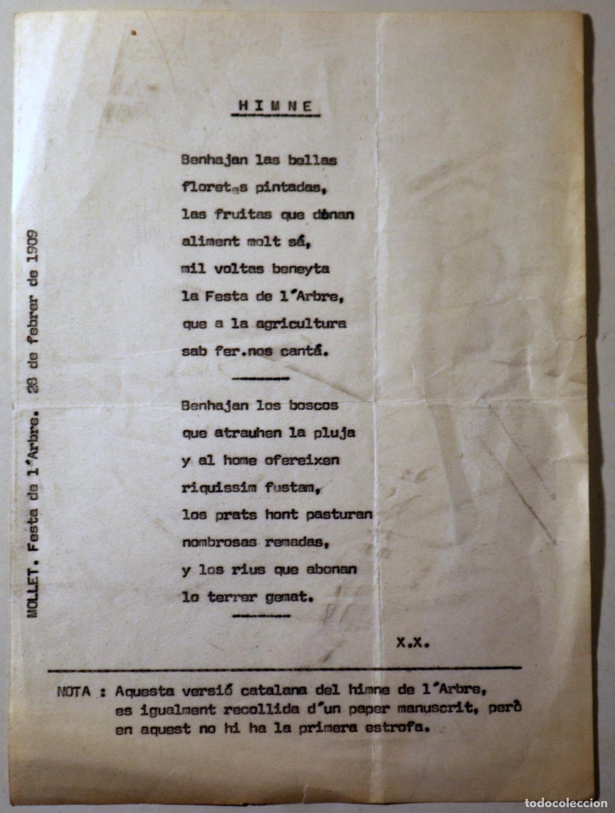 B&uuml;cher: MECANOSCRIT POEMA &rdquo;HIMNE&rdquo; per la festa de l'Arbre de Mollet del Vall&egrave;s 1909 - c. 1970