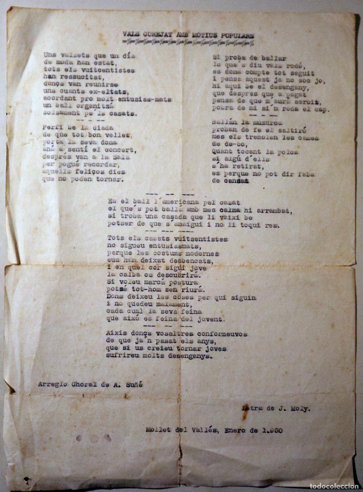 B&uuml;cher: MOLY, J. - SU&Ntilde;&Eacute;, A. - VALS COREJAT AMB MOTIUS POPULARS - Mecanoscrit - Mollet 1950