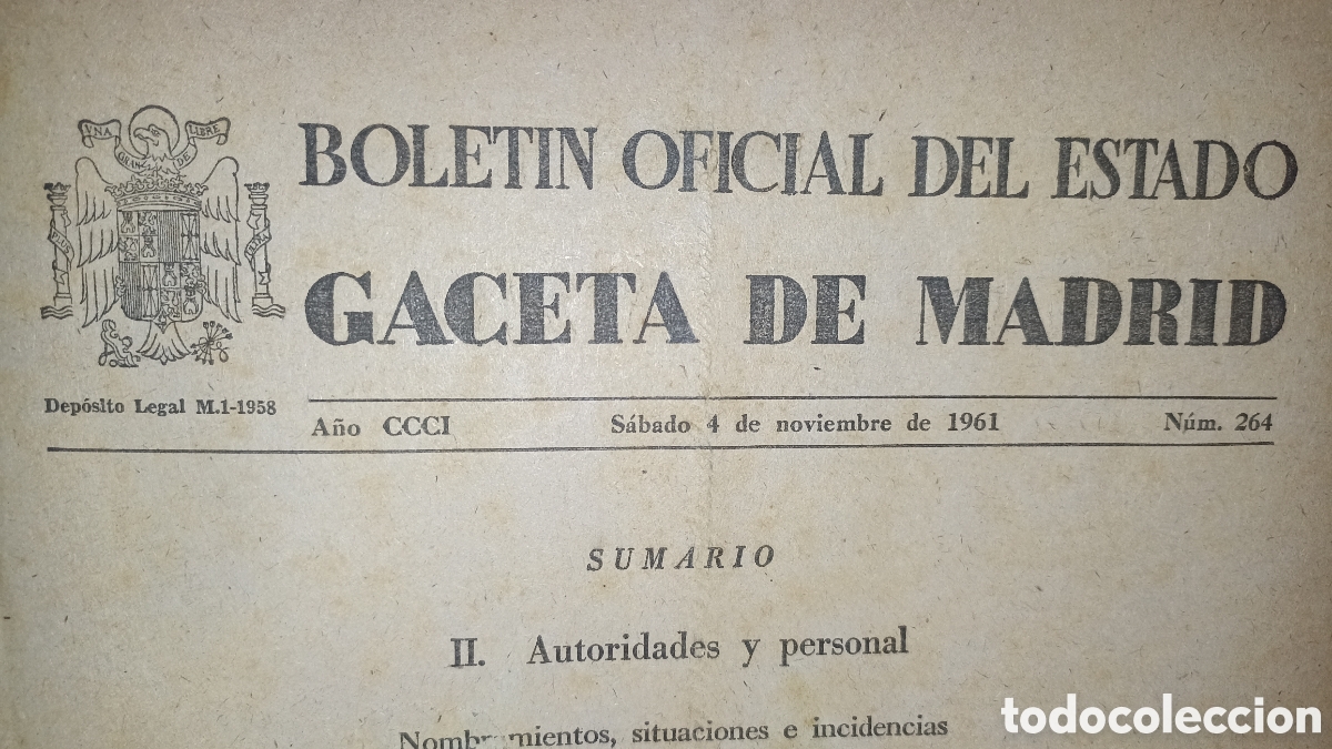 Libros: Bolet&iacute;n Oficial del Estado (BOE) - Gaceta de Madrid - 4 Noviembre 1961 (N&uacute;m. 264)