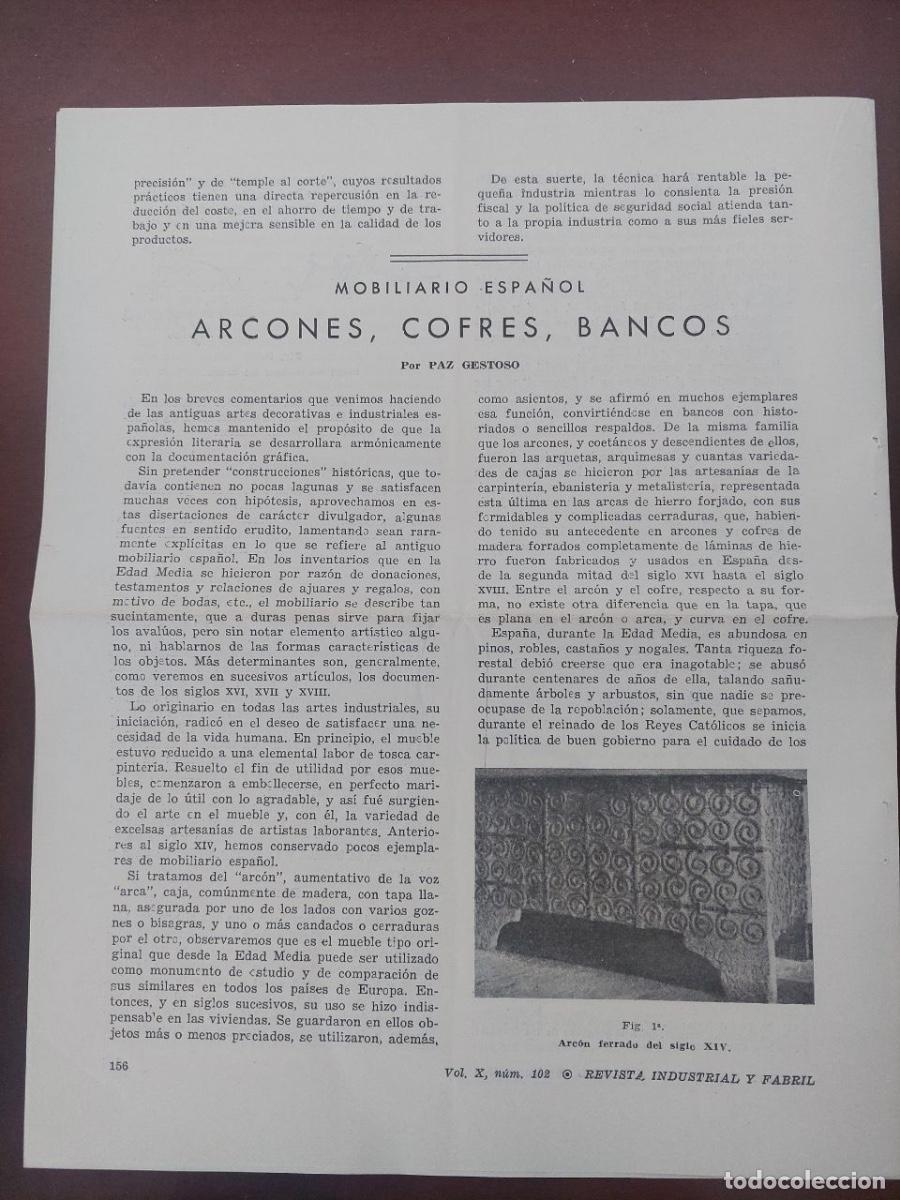 Libros: Separata de la Revista Industrial y Fabril. Marzo 1955. Mobiliario Espa&ntilde;ol. Arcones, cofres, bancos.