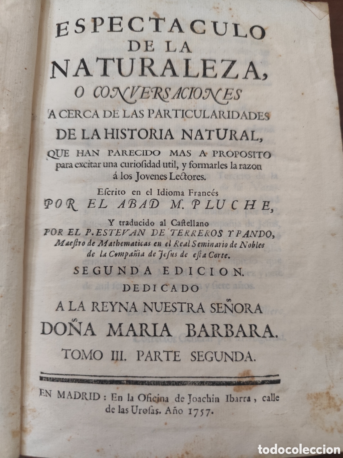 Livros em segunda m&atilde;o: ESPECTACULO DE LA NATURALEZA,O CONVERSACIONES ACERCA DE LA HISTORIA NATURAL. Tomo III. Parte segunda