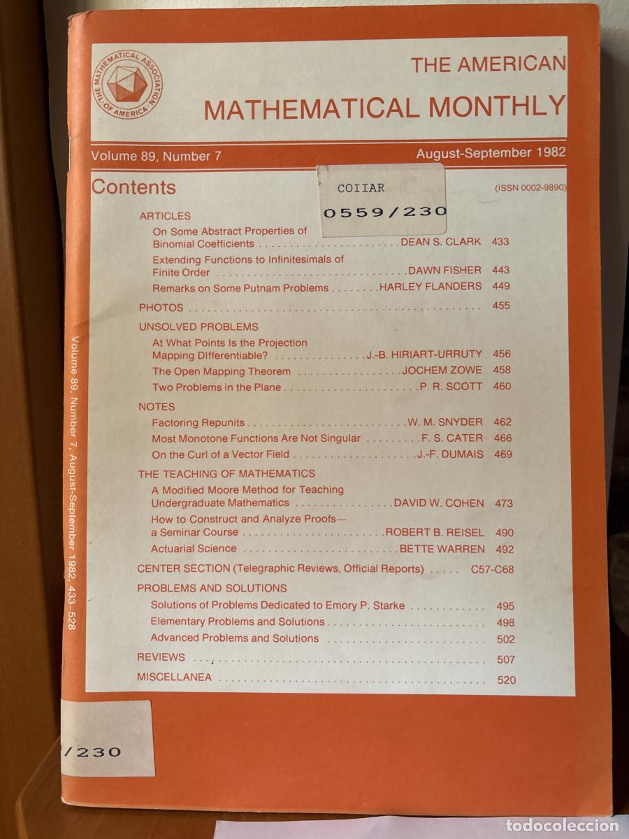 Libros: THE AMERICAN MATHEMATICAL MONTHLY. VOLUMEN 89. NUMBER 7. AUGUST-SEPTEMBER 1982. - THE MATHEMATICAL A