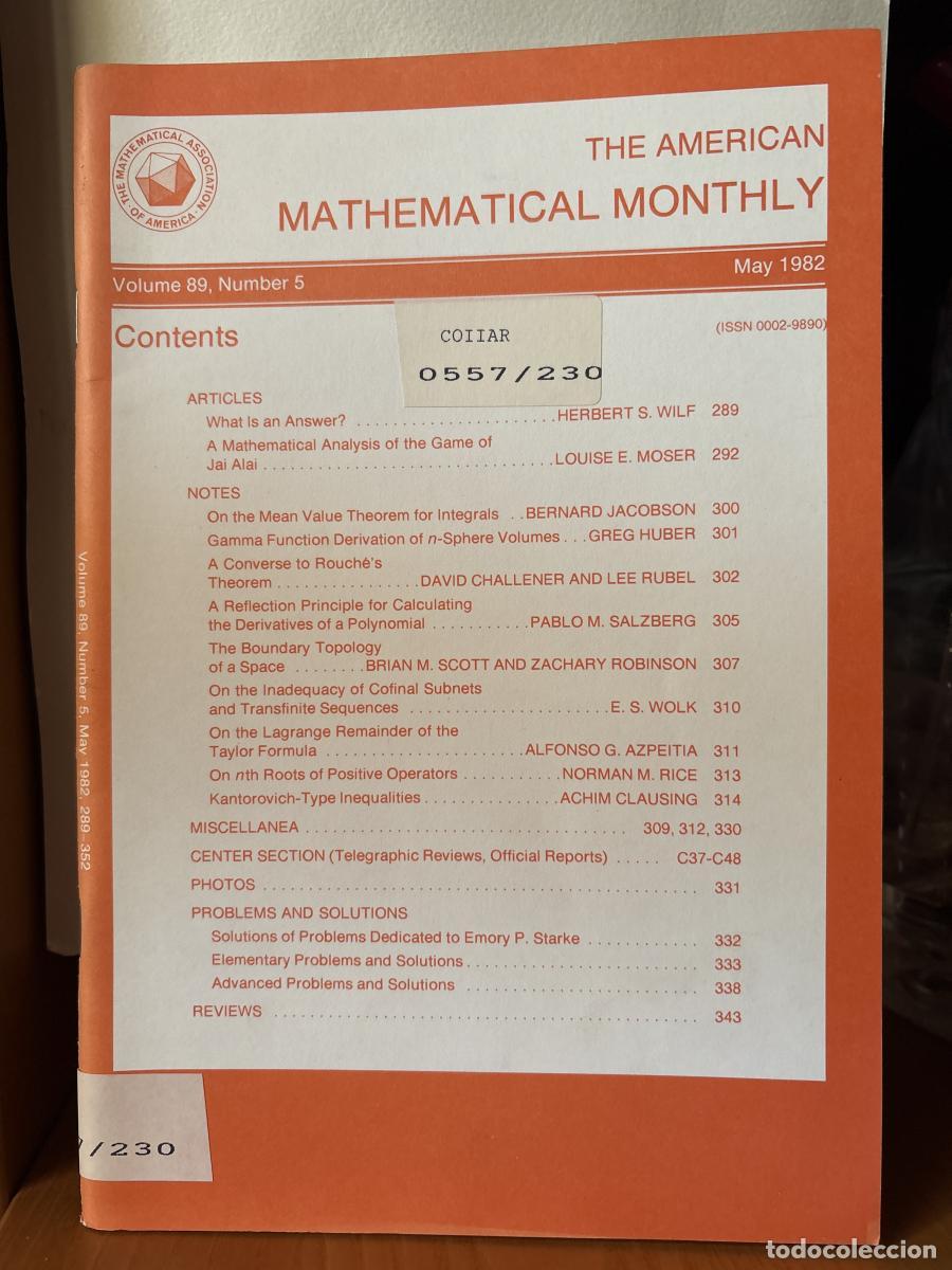 Libros: THE AMERICAN MATHEMATICAL MONTHLY. VOLUMEN 89. NUMBER 5. MAY 1982. - THE MATHEMATICAL ASSOCIATION OF