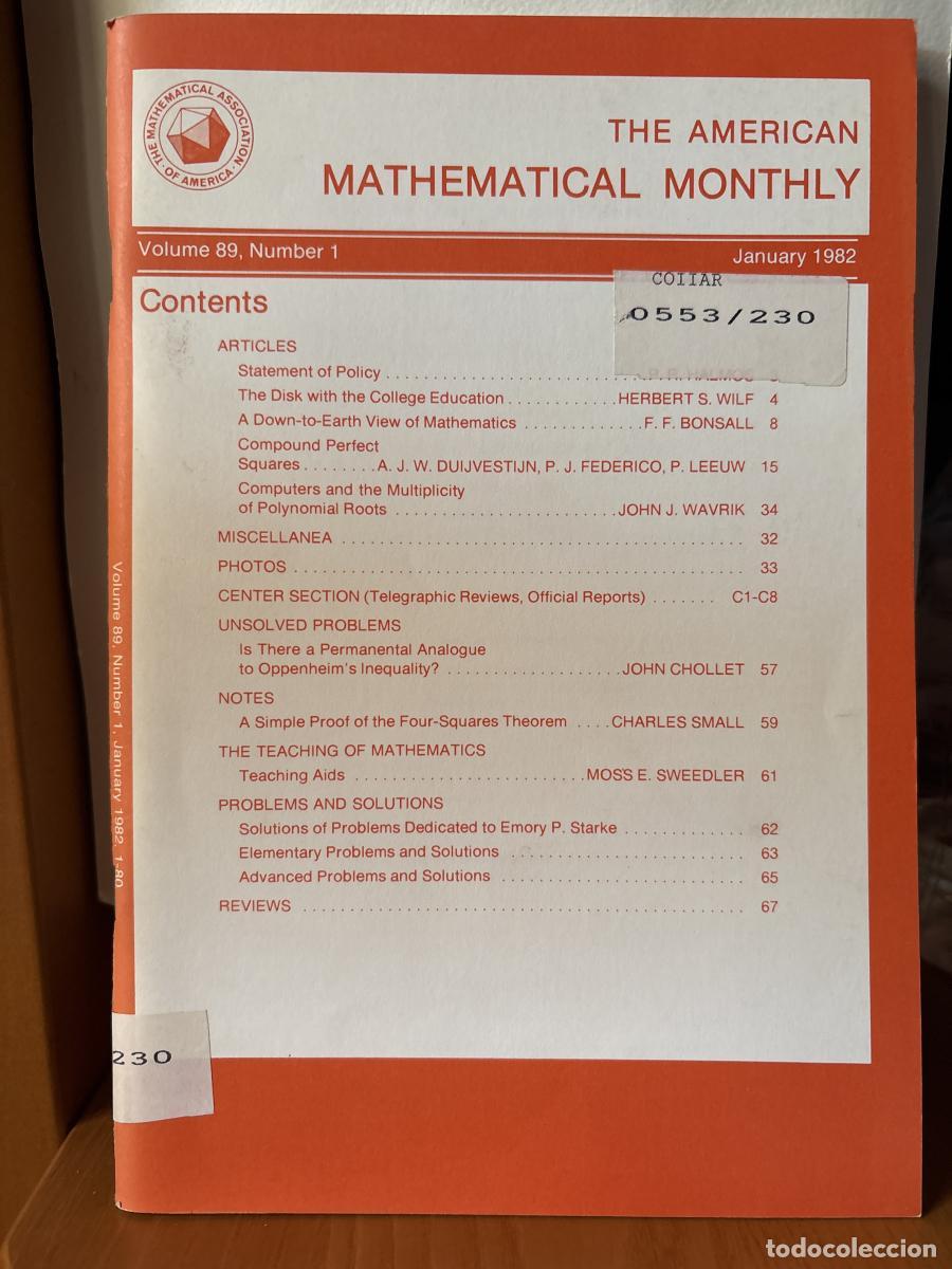 books: THE AMERICAN MATHEMATICAL MONTHLY. VOLUMEN 89 NUMBER 2. FEBRUARY 1982. - THE MATHEMATICAL ASSOCIATIO