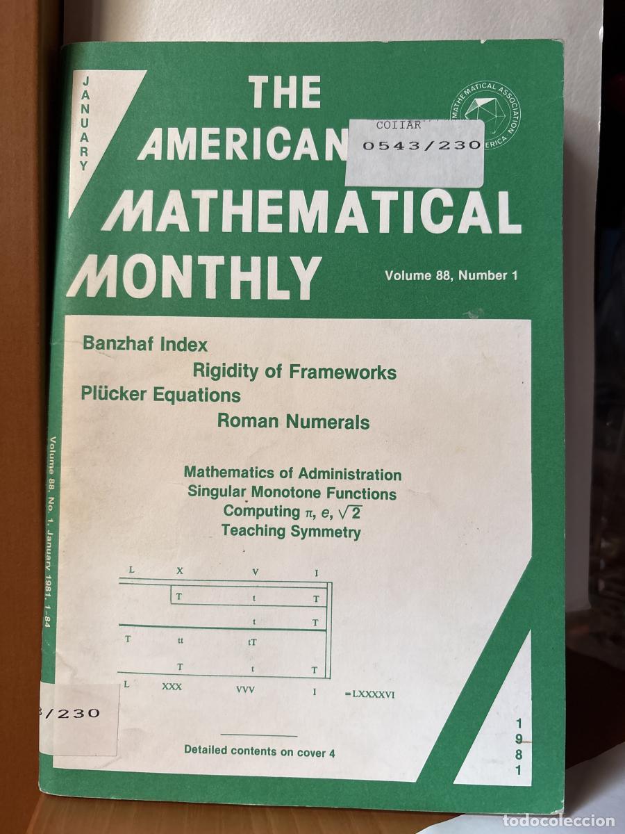 books: THE AMERICAN MATHEMATICAL MONTHLY. VOLUMEN 88. NUMBER 1. JANUARY - THE MATHEMATICAL ASSOCIATION OF A