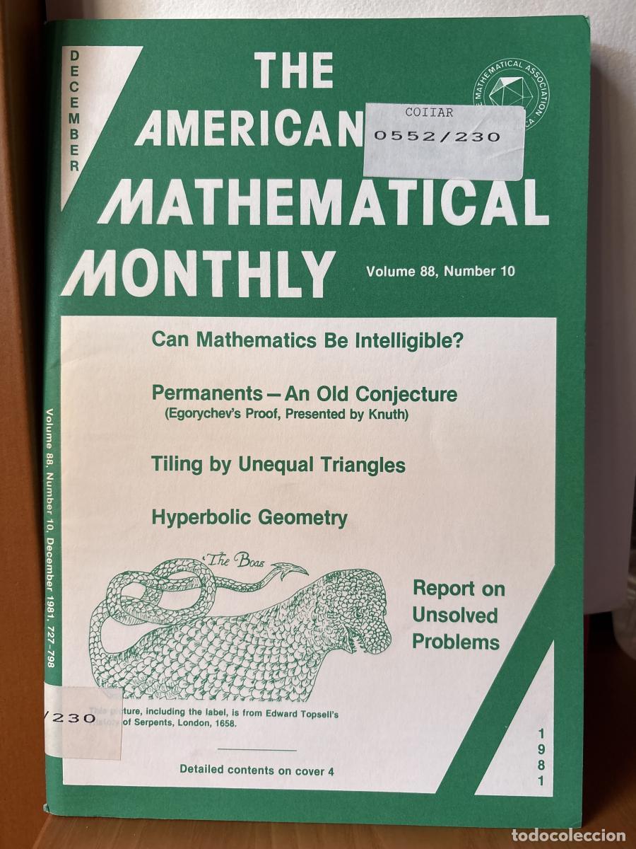 Libros: THE AMERICAN MATHEMATICAL MONTHLY. VOLUMEN 88. NUMBER 10. DECEMBER - THE MATHEMATICAL ASSOCIATION OF