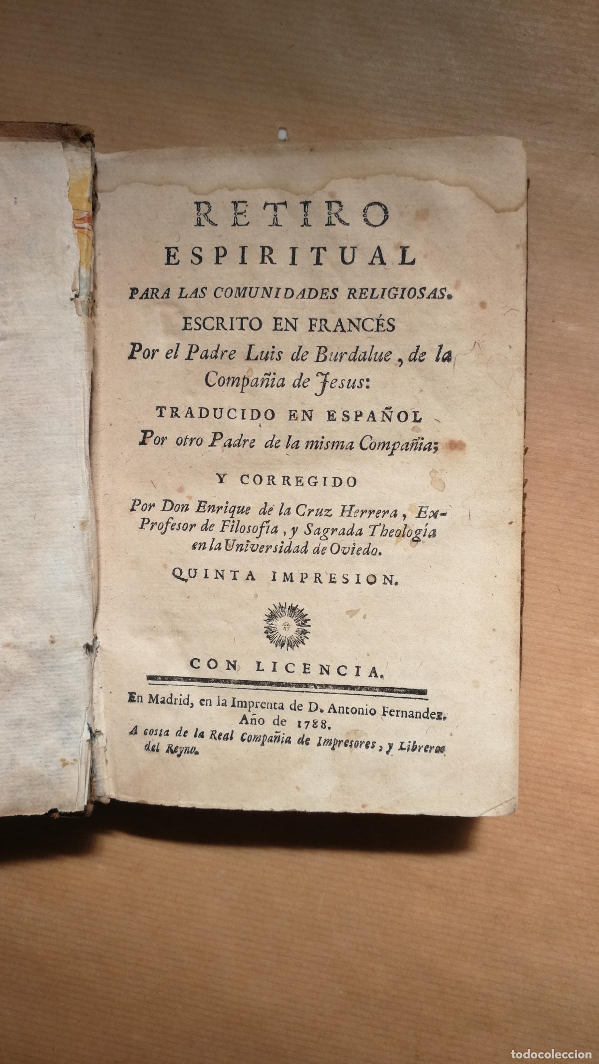 Libros: RETIRO ESPIRITUAL PARA LAS COMUNIDADES RELIGIOSAS. - &rdquo;BURDALUE, Luis de.&rdquo;