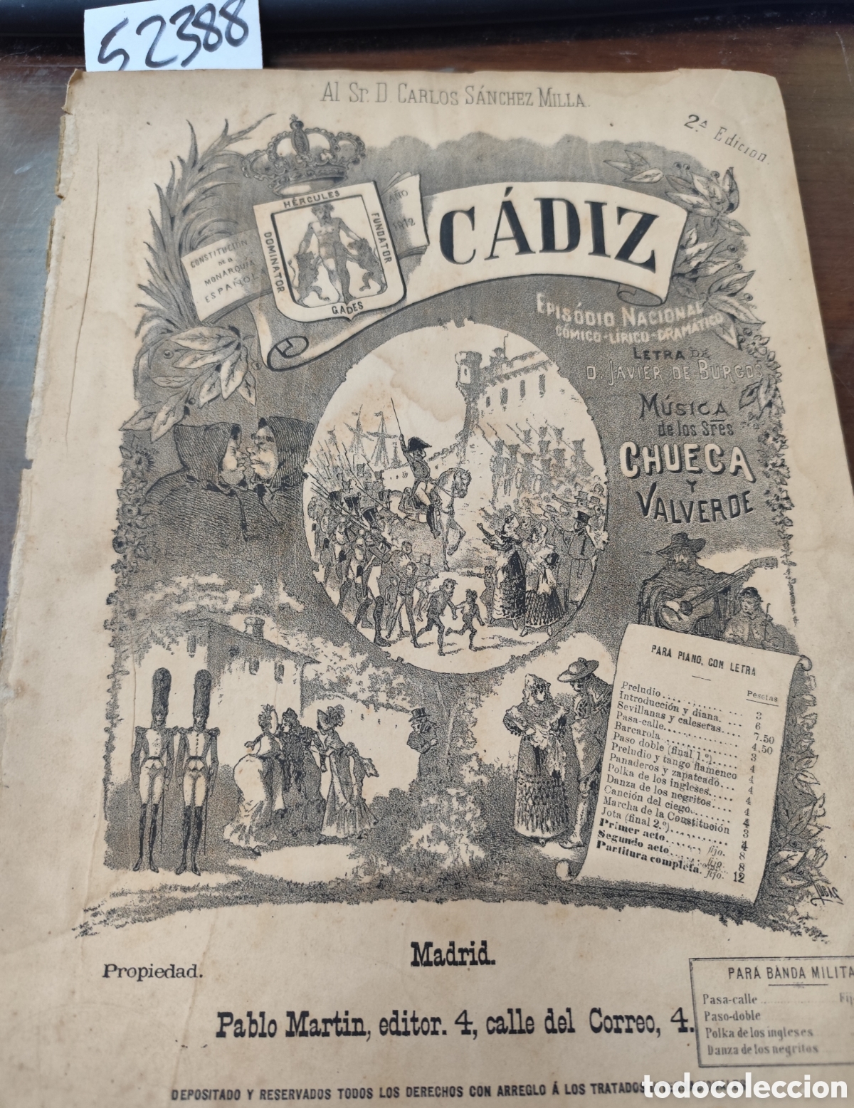B&uuml;cher: CADIZ. Episodio nacional c&oacute;mico l&iacute;rico dram&aacute;tico. M&uacute;sica de Chueca y Valverde. Partitura. S. XIX - B