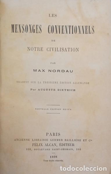 Libros: NORDAU. (Max) - LES MENSONGES CONVENTIONNELS DE NOTRE CIVILISATION.