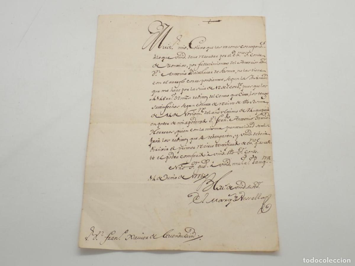 Libros: Carta manuscrita del Marqu&eacute;s de Vesolla a Francisco Javier de Guendulain, administrador del Conde de