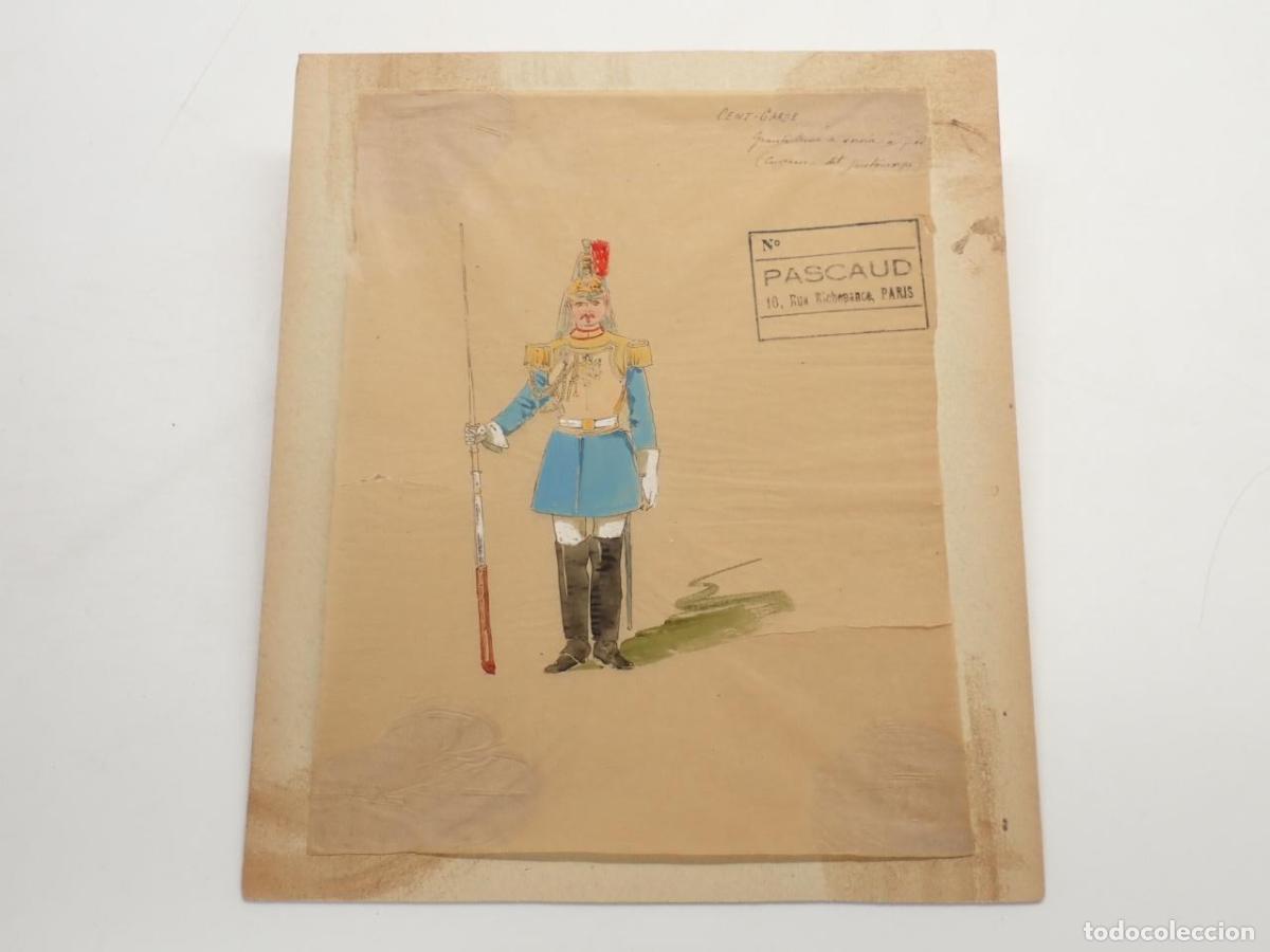 Libros: Dibujo original de un coracero con el sello de la Maison Pascaud de Par&iacute;s -