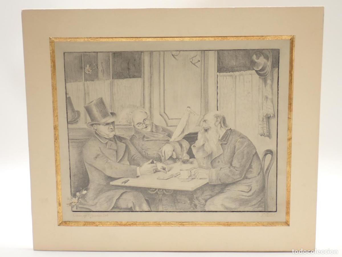 Libros: Hombres jugando al domin&oacute; en un caf&eacute; [DIBUJO ORIGINAL] - GALLET, F.