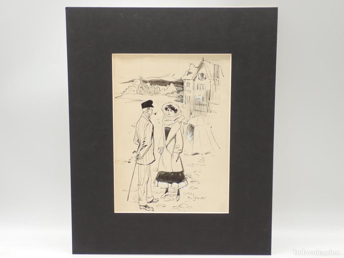 Libri di seconda mano: Dos personajes en una playa. Dibujo original firmado R. Leduc - LEDUC, R.