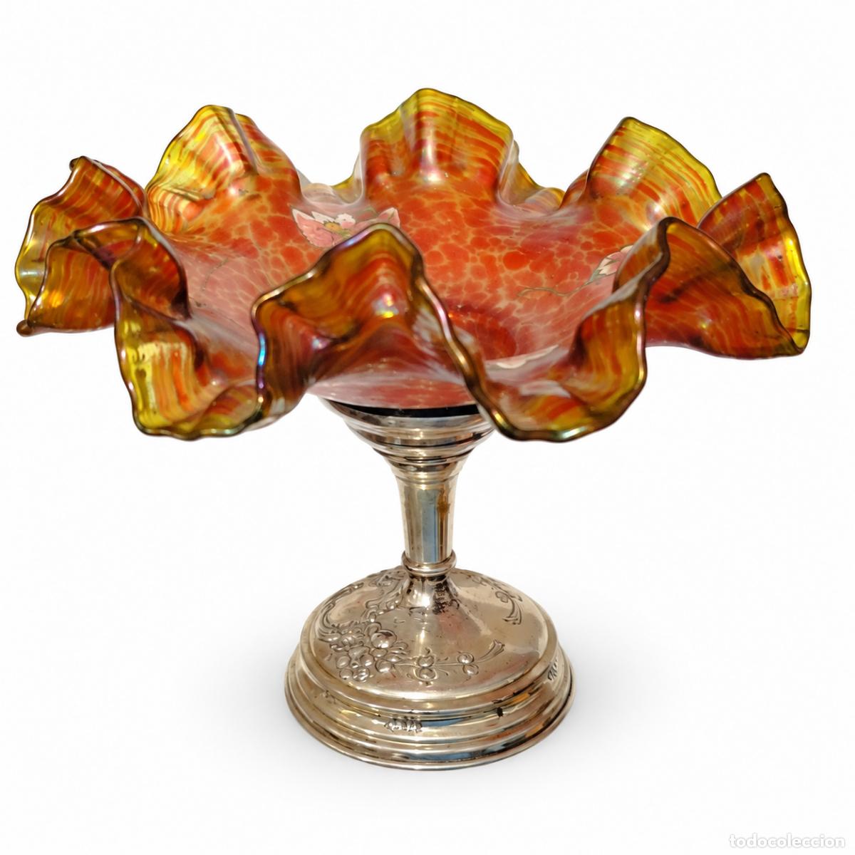 books: Copa/centro de mesa de cristal y plata con tallo - siglo XIX