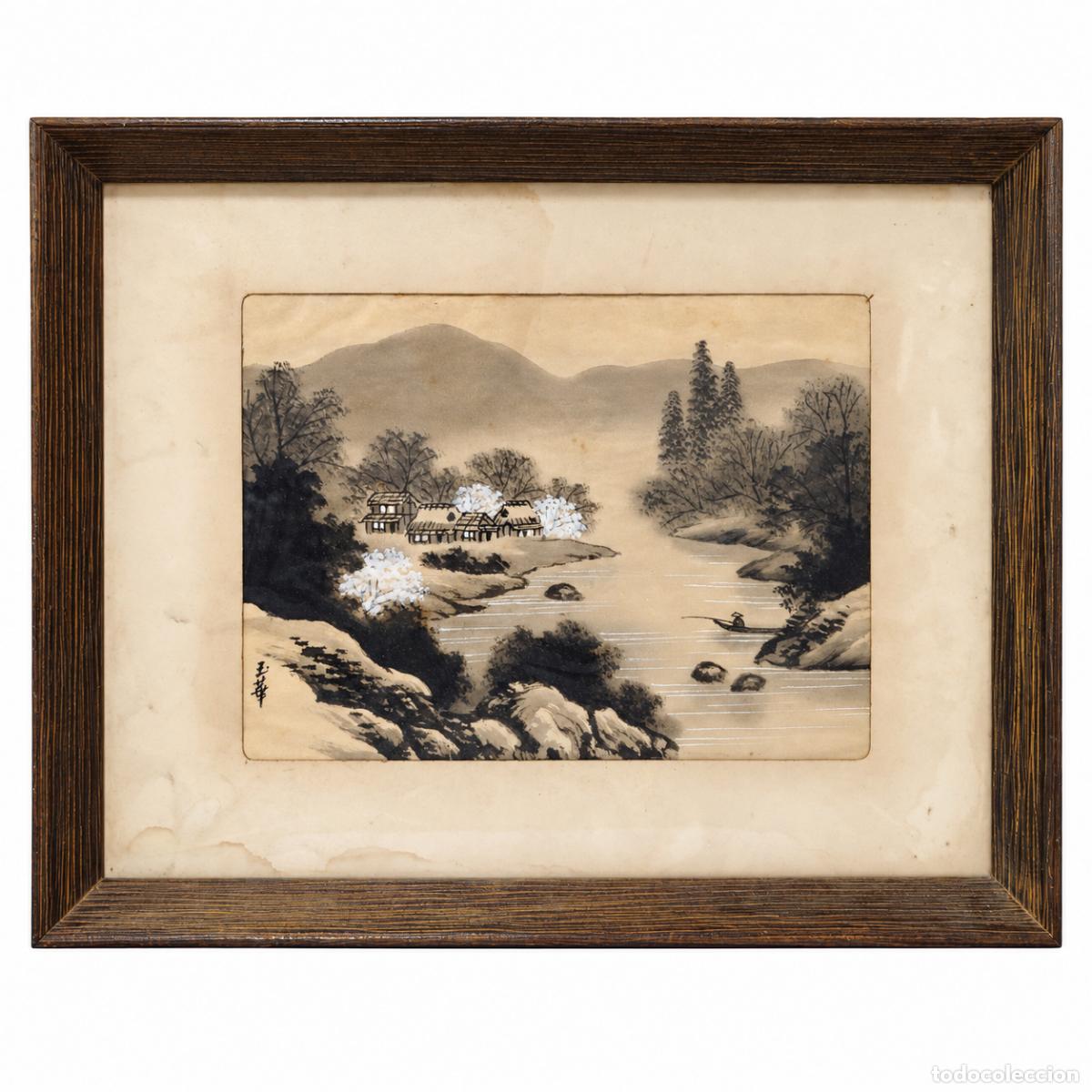 Livres: Gyokuka/Yuhua - Paisaje oriental con r&iacute;o, pescador y aldea - Pintura sobre tela - Siglo XX