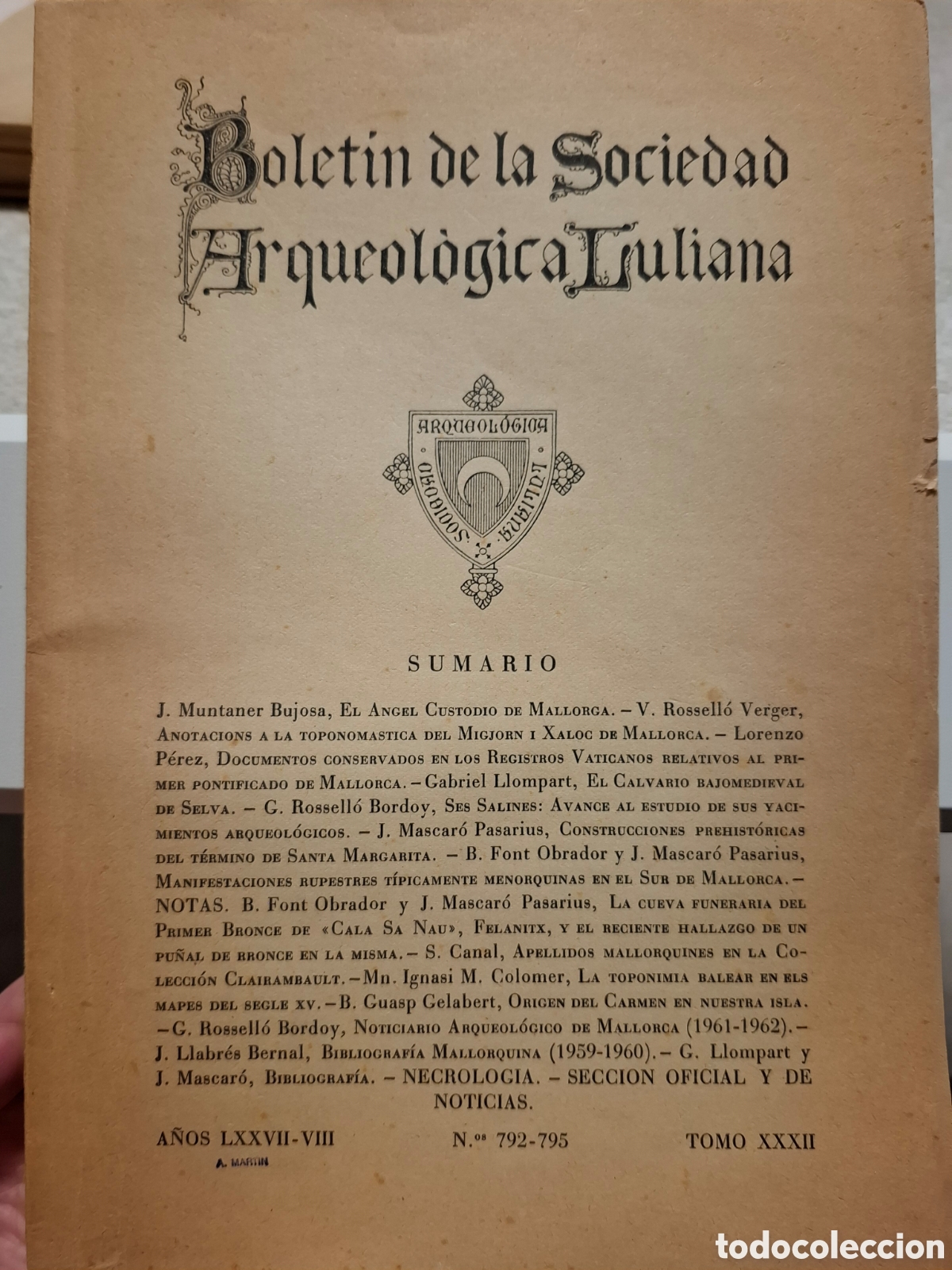 Livros em segunda m&atilde;o: BOLETIN DE LA SOCIEDAD ARQUEOLOGICA LULIANA, 792 A 795, TOMO XXXII, A&Ntilde;OS LXXVII VIII