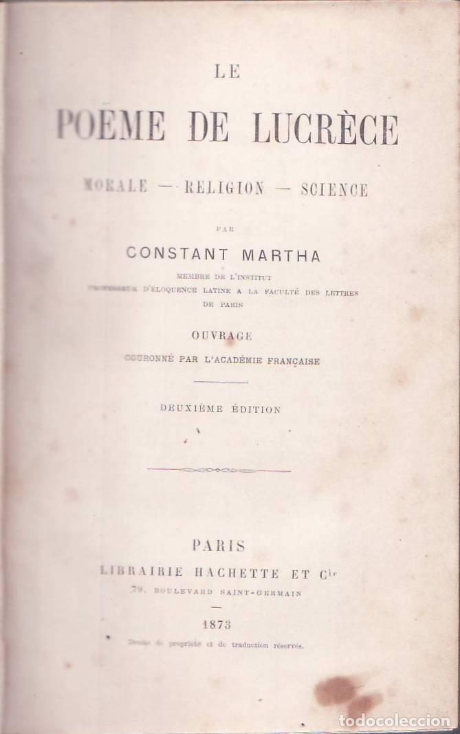 Livres: MARTHA, Constant.- - Le Po&euml;me de Lucr&egrave;ce. Morale- Religion - Science. Ouvrage couronn&eacute; par l'Acad&eacute;mi