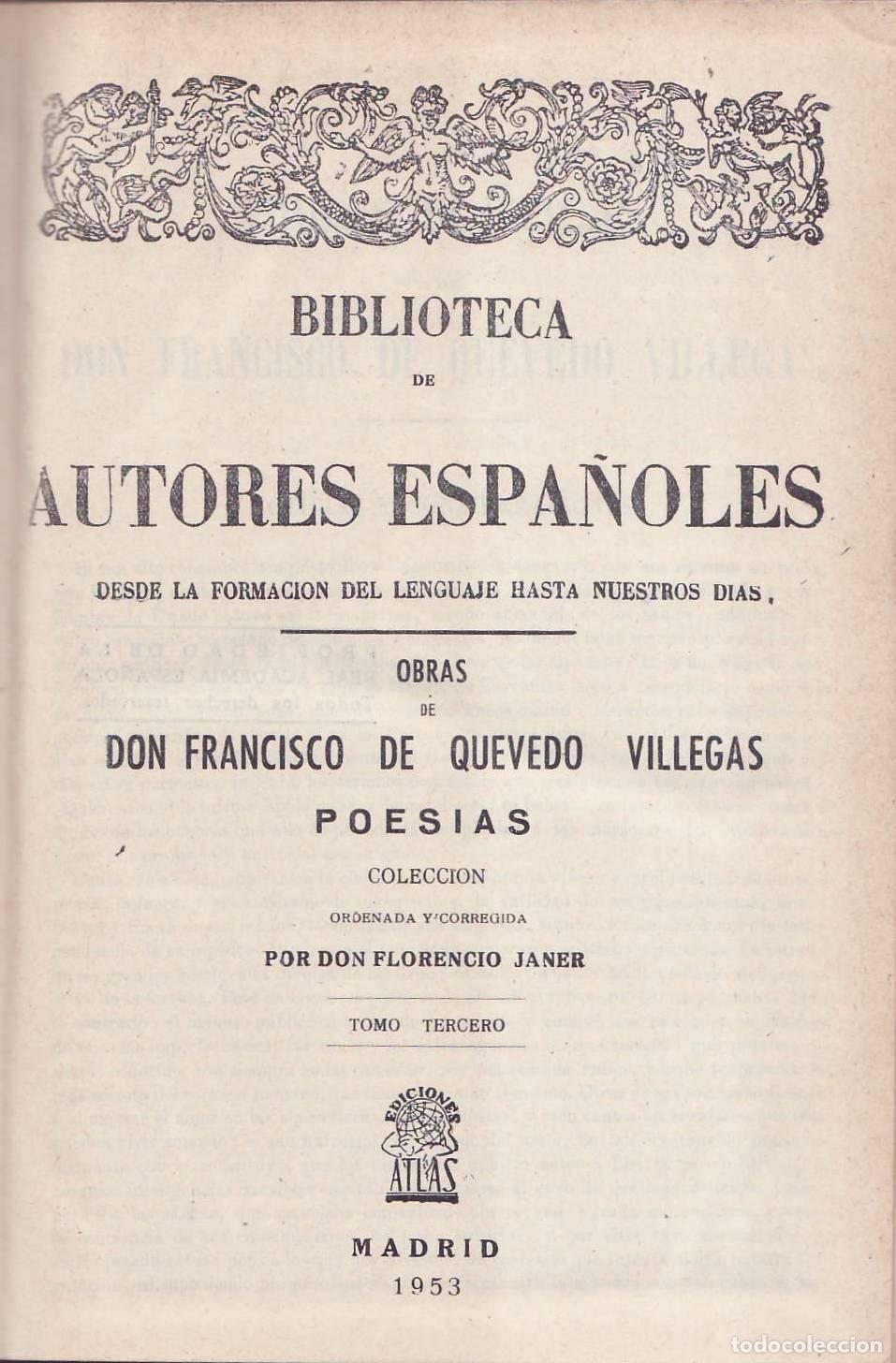 Libros: QUEVEDO, Francisco de.- - Obras, tomo III: Poes&iacute;as. Ordenadas y corregidas por Florencio Janer.