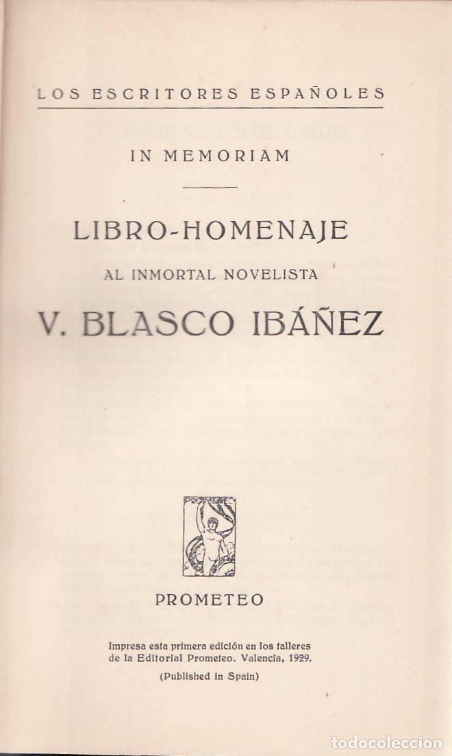 Libri di seconda mano: IN MEMORIAM.- Libro-Homenaje al inmortal novelista V. Blasco Ib&aacute;&ntilde;ez. Pr&oacute;logo por Alfredo Mu&ntilde;iz. Biog