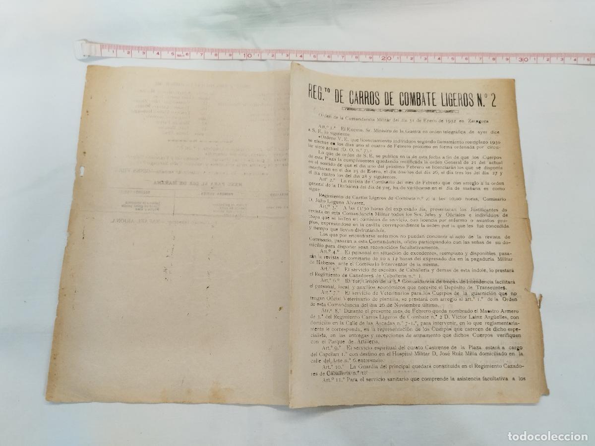 books: ORDEN DEL REGIMIENTO DE CARROS DE COMBATE LIGEROS N.&ordm; 2 ZARAGOZA 1932 - Orden de la Comandancia Mili