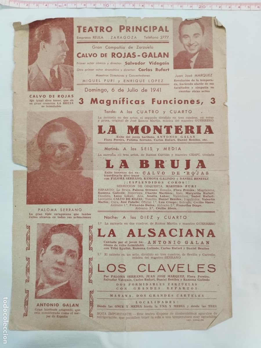 books: CARTEL PROGRAMA DE MANO TEATRO PRINCIPAL ZARAGOZA 1941 - GRAN COMPA&Ntilde;&Iacute;A DE ZARZUELA CALVO DE ROJ... -