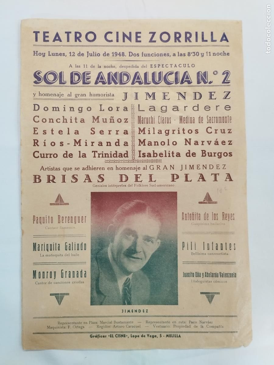 books: CARTEL PROGRAMA DE MANO TEATRO CINE ZORRILLA MELILLA 1948 - SOL DE ANDALUC&Iacute;A N.&ordm; 2 Y BRISAS DEL... -
