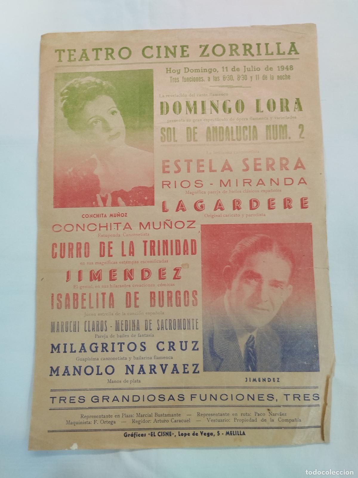 Libros: CARTEL PROGRAMA DE MANO TEATRO CINE ZORRILLA MELILLA 1948 - SOL DE ANDALUC&Iacute;A NUM. 2 CON DOMINGO... -
