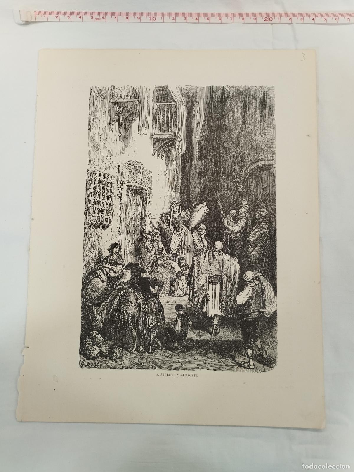 Libri di seconda mano: ANTIGUO GRABADO / OLD ENGRAVING: UNA CALLE DE ALBACETE / A STREET IN ALBACETE . GUSTAVO DOR&Eacute; si... -
