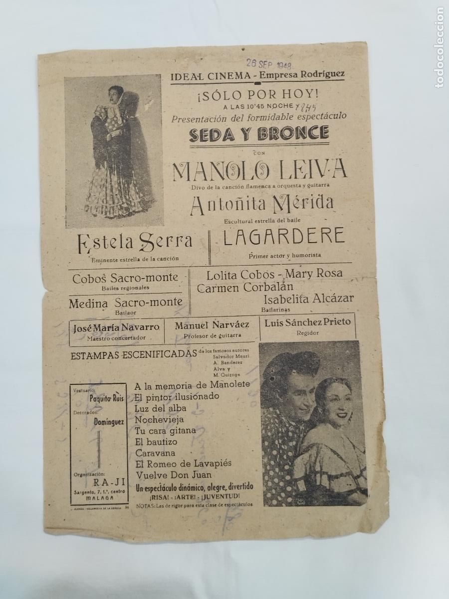 Libros: CARTEL PROGRAMA DE MANO IDEAL CINEMA EMPRESA RODR&Iacute;GUEZ 1948 - SEDA Y BRONCE CON MANOLO LEIVA Y ... -