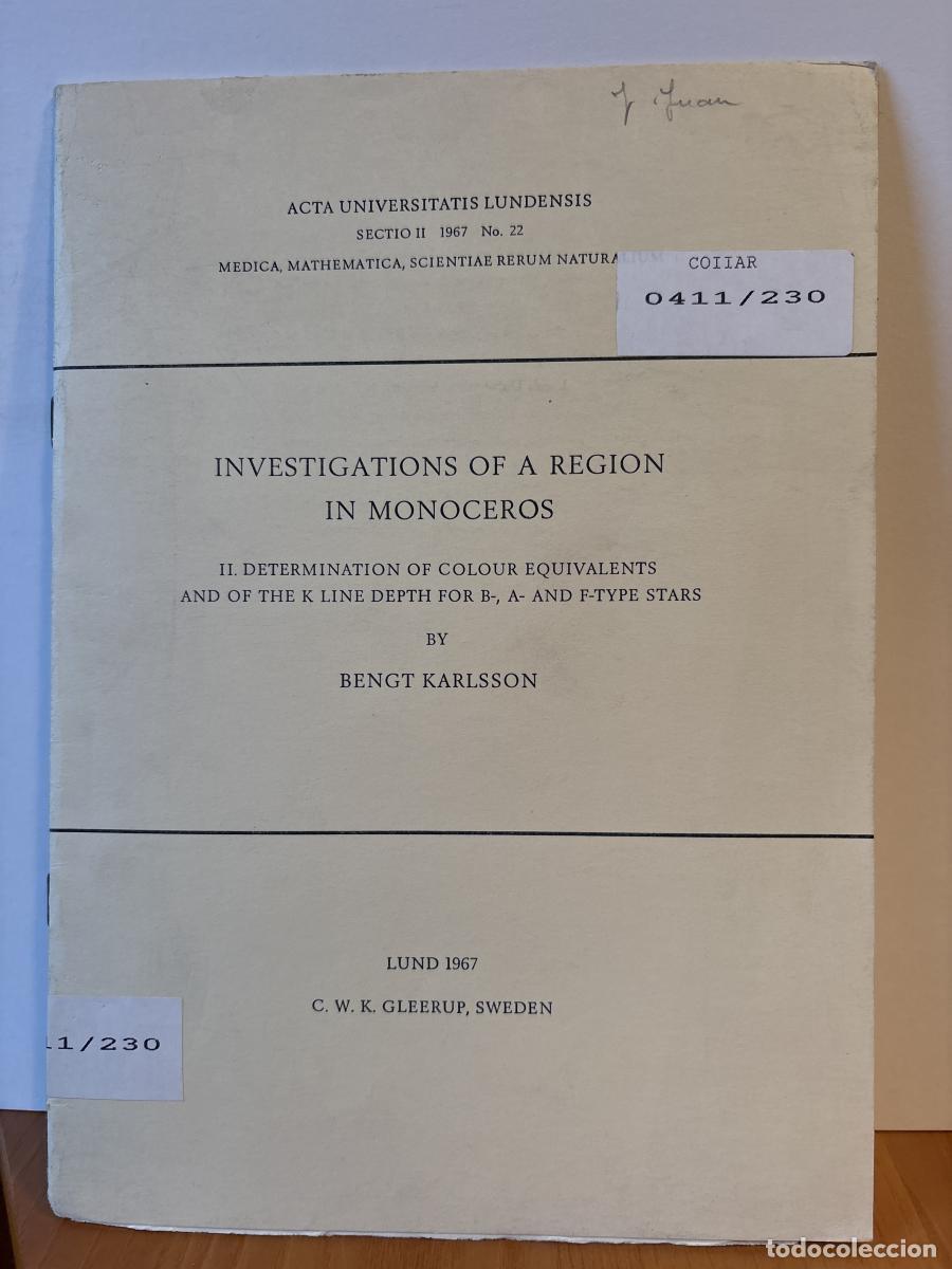 Libri di seconda mano: INVESTIGATIONS OF A REGION IN MONOCEROS. ACTA UNIVERSITATIS LUNDENSIS. SEXCTIO II 1967 N&ordm;22 - BENGT