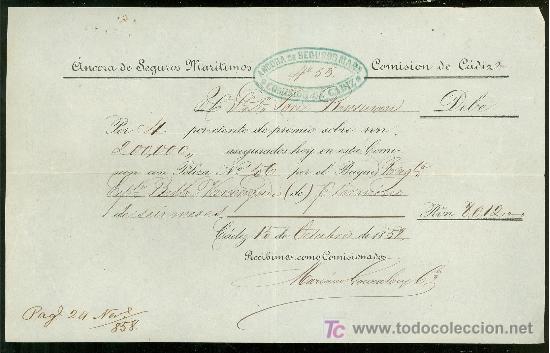 L&iacute;neas de navegaci&oacute;n: SEGUROS MARITIMOS ANCORA. CADIZ. 1858. - Foto 1