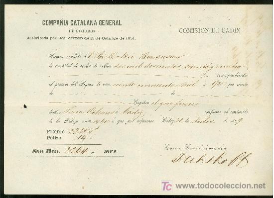 L&iacute;neas de navegaci&oacute;n: SEGUROS. COMPA&Ntilde;IA CATALANA GENERAL. 1859. - Foto 1