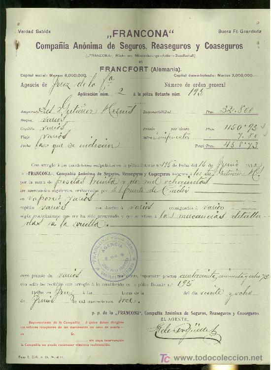 L&iacute;neas de navegaci&oacute;n: SEGUROS FRANCONA. COMPA&Ntilde;IA ANONIMA DE SEGUROS, REASEGUROS Y COASEGUROS. 1912. - Foto 1