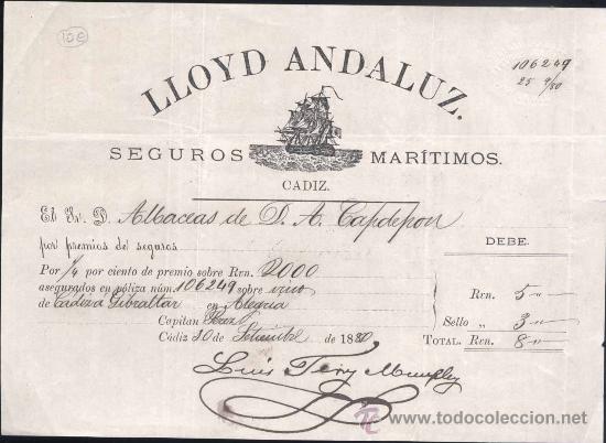 L&iacute;neas de navegaci&oacute;n: LLOYD ANDALUZ.- SEGUROS MAR&Iacute;TIMOS- A&Ntilde;O 1880 - Foto 1