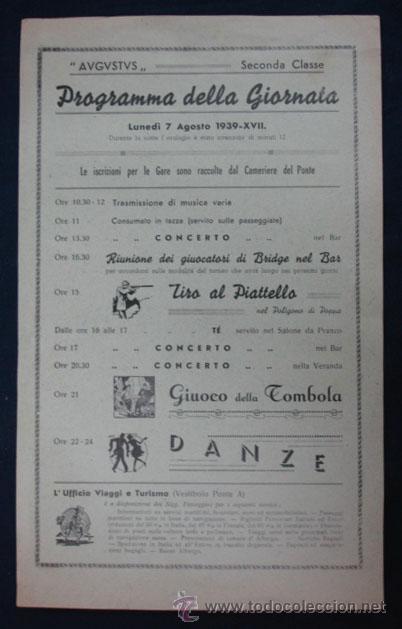 L&iacute;neas de navegaci&oacute;n: BARCO AUGUSTUS. PROGRAMA DE LA JORNADA. SECONDA CLASSE. 1939. 28 X 17 CM. - Foto 1