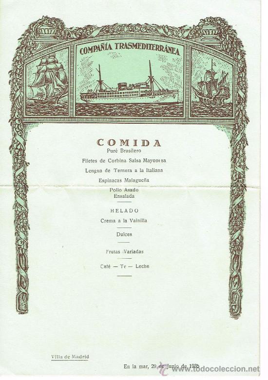 L&iacute;neas de navegaci&oacute;n: Compa&ntilde;&iacute;a Trasmediterranea. Comida, en el Villa de Madrid en el mar, 29 de junio de 1935 - Foto 1