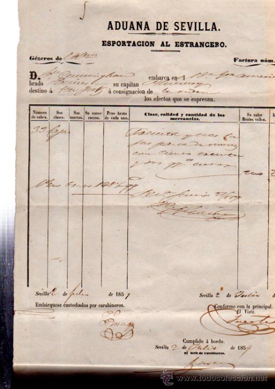 L&iacute;neas de navegaci&oacute;n: SEVILLA 1859 ADUANA, FACTURA DE ADUANA - Foto 1