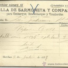 Linhas de navegação: CARTA DE CARGA Y DESCARGA DE VAPORES. COLLA DE SARMONETA Y COMPAÑIA. BARCELONA. 1897. Lote 36940097