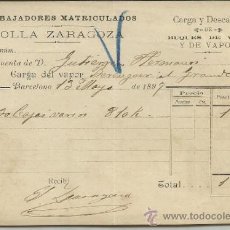 Linhas de navegação: CARTA DE CARGA Y DESCARGA DE VAPORES. COLLA ZARAGOZA. BARCELONA. 1897. Lote 36940360