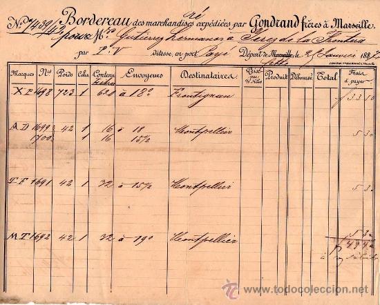 L&iacute;neas de navegaci&oacute;n: DOCUMENTO DE NAVEGACI&Oacute;N. GONDRAND FR&Egrave;RES. MARSEILLE 1884 - Foto 1