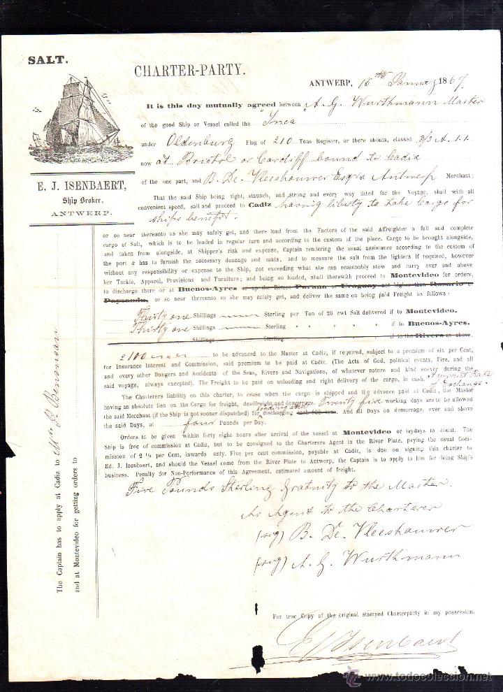 L&iacute;neas de navegaci&oacute;n: 1867. CONTATRO DE FLETAMENTO. LEER - Foto 1