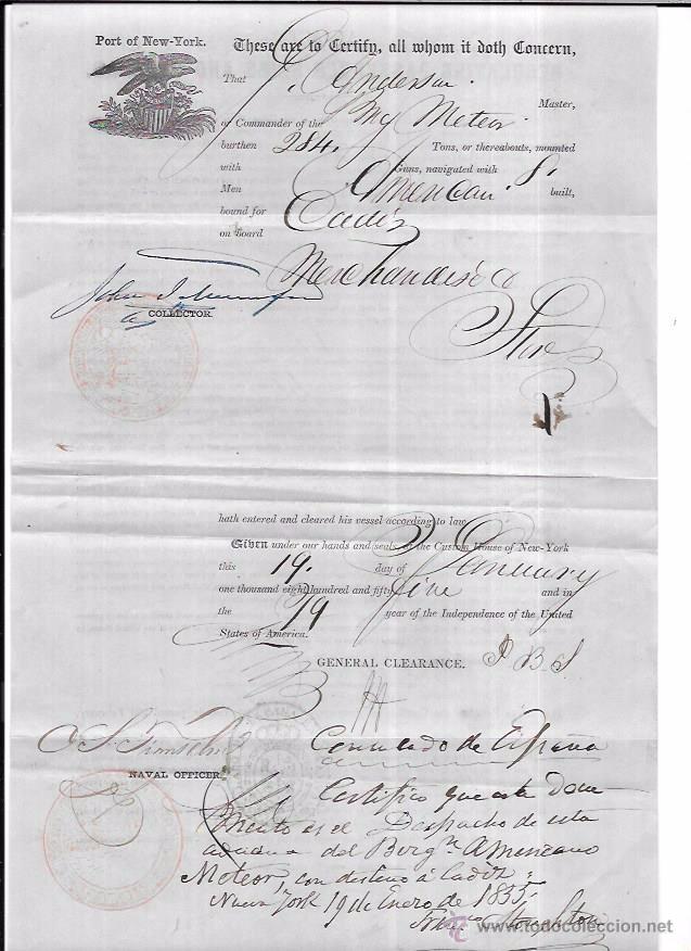 L&iacute;neas de navegaci&oacute;n: DOCUMENTO DE EMBARQUE DE NUEVA YORK A CADIZ. 1835. - Foto 1